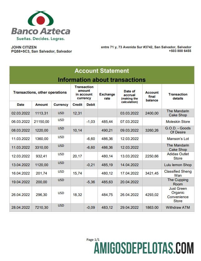 Salvador Banco Azteca modelo de extrato bancário